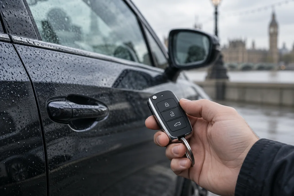 A vehicle key beside a car in London