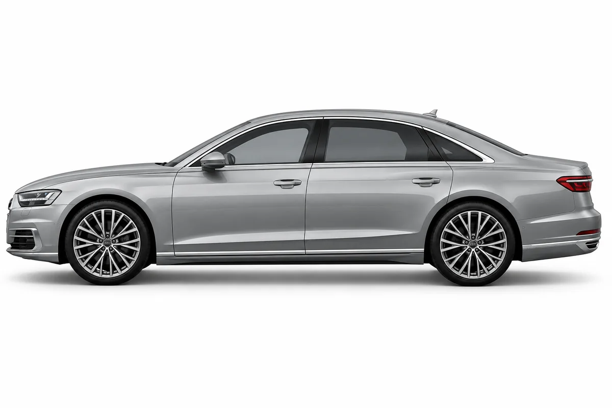 Illustrative side view of Audi A8; model year and body style may differ