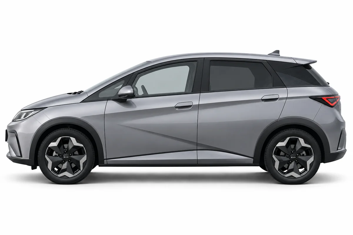Illustrative side view of BYD Dolphin; model year and body style may differ