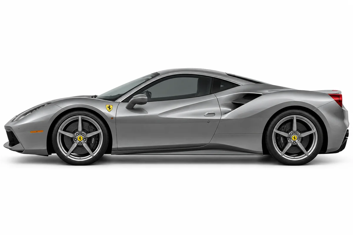 Illustrative side view of Ferrari 488; model year and body style may differ