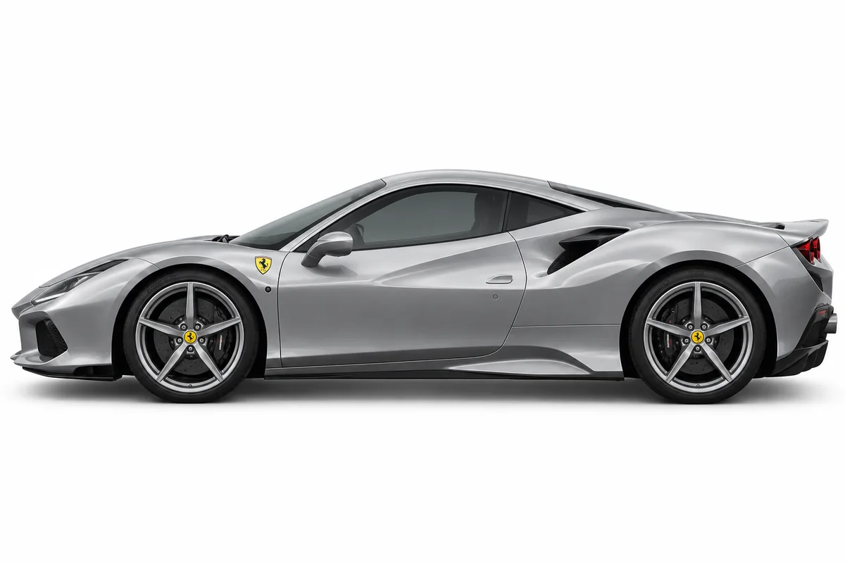 Illustrative side view of Ferrari F8; model year and body style may differ