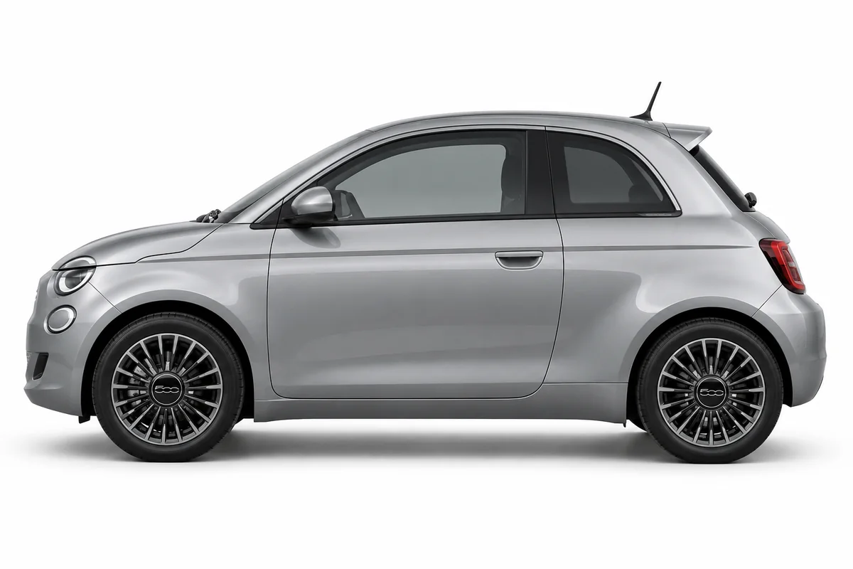 Illustrative side view of Fiat 500E; model year and body style may differ